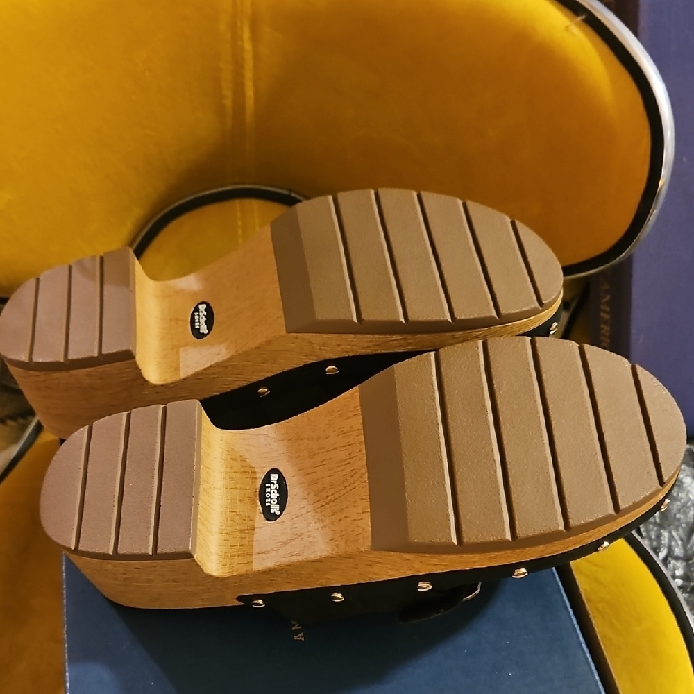 Dr. Scholl's Black Leather Slip-On Clogs with Gold Buckles - Picture 3 of 6